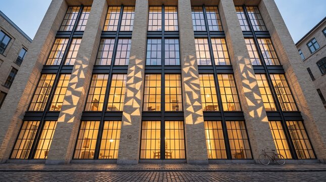 Modern Architecture Building Facade with Illuminated Windows at Dusk