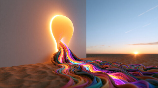 Creative Light Portal Flowing Colorful Waves Over Desert Landscape