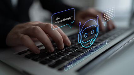 A professional person typing on a laptop keyboard, engaging with a digital chatbot interface,...