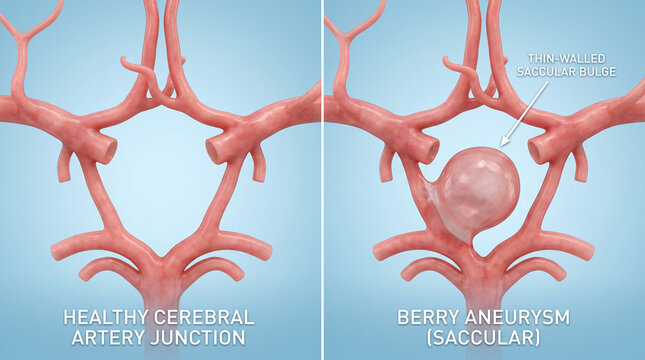 Medical Illustration of Healthy Cerebral Artery Junction Versus Saccular Berry Aneurysm