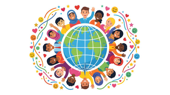 Diverse children holding colorful globe illustration