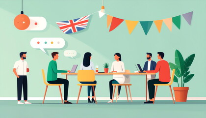 Fototapeta premium Flat Vector Illustration of People at an English Language Speaking Club and International Business Networking Event