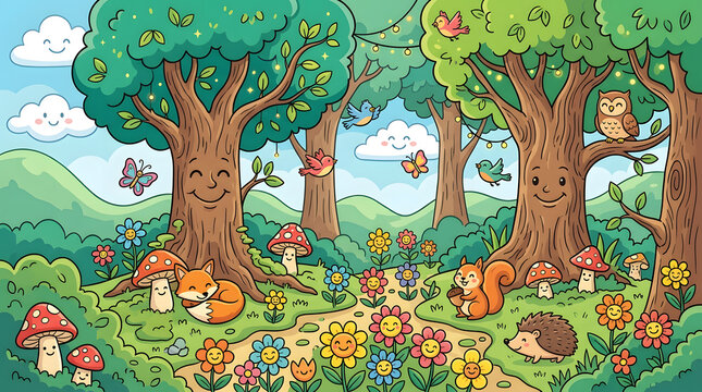 Colorful cartoon forest with happy woodland creatures