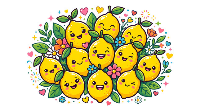 Happy smiling cartoon lemons with flowers