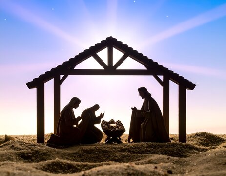 Detailed nativity silhouette on ground against a blue sky.