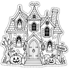 Naklejka premium Halloween Haunted House Coloring Templates for Kids | Spooky Houses, Haunted Castles, Pumpkin Houses & Witch Homes with Dashed Cut Lines, Printable Color Cut & Paste Crafts, Bulletin Board Decor