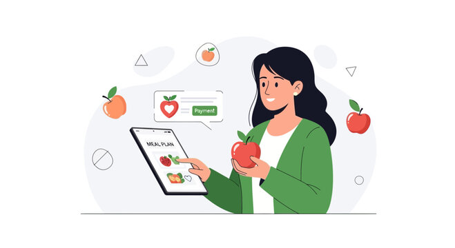 Woman using mobile app for healthy meal planning and online grocery shopping, choosing fruits.