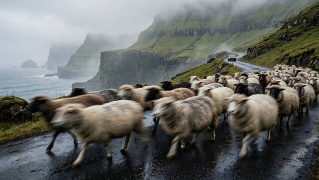 Motion blur of a flock of sheep Ovis aries running along a wet coastal road with dramatic green cliffs and ocean in the foggy Faroe Islands