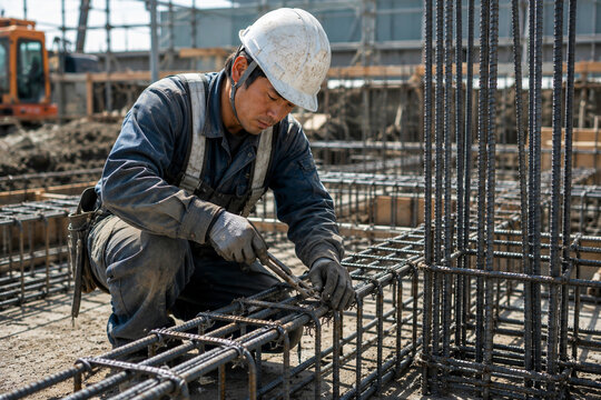 鉄筋を結束する建設作業員の男性
