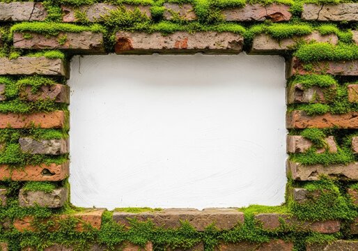 This minimalist white background features a textured surface framed by a weathered border of ancient bricks overgrown with green moss, border, antique, clean