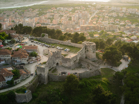 Aerial view of the historic Berat Castle with its ancient stone walls and fortifications overlooking the town of Berat, Berat County, Albania.