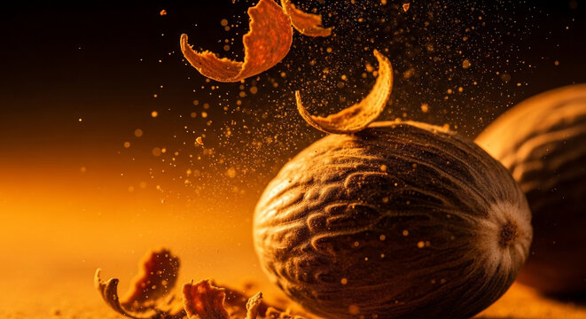 Whole nutmeg and shavings exploding with spice dust, macro shot with dynamic motion, concept for gourmet cooking, culinary arts and ingredient advertising