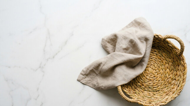 Wicker basket with beige linen napkin on white marble background, top view, perfect for food styling, culinary content and kitchen interior design