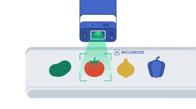 Ai Object Recognition Technology Identifying Fresh Produce Like Tomato, Avocado, Eggplant, and Bell Pepper. Smart Agriculture and Retail Automation Co