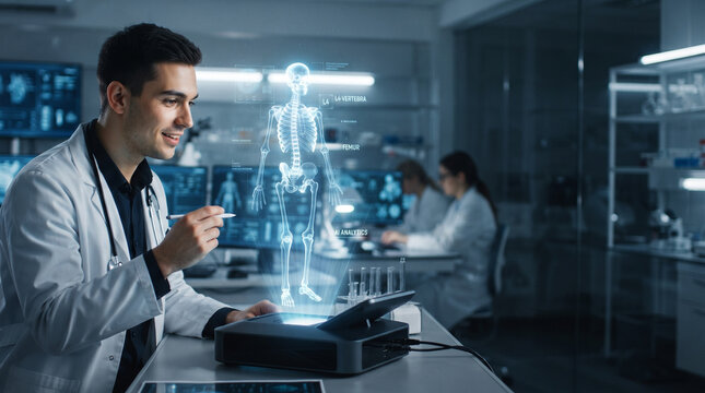 Healthcare ai clinical workflow doctor medical laboratory digital skeleton patient analysis modern technology smile hologram