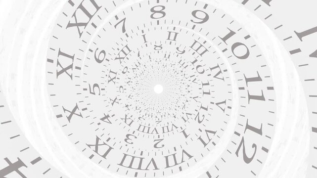 時計の文字盤が渦を巻く長いトンネルのイメージ　タイムトラベル　パラレルワールド　3Dアニメーション