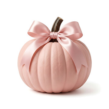 Elegant pastel pink pumpkin decorated with a large satin ribbon isolated on white