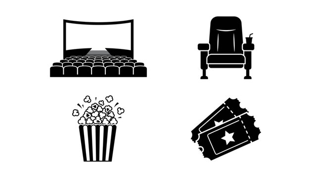 Cinema entertainment and movie theater vector icons set with rows of auditorium seats armchair popcorn snack and tickets.