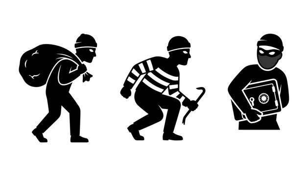 Home security insurance and crime prevention vector icons set showing burglars carrying loot bag holding crowbar and stealing metal safe.