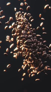 Rich flavor concept, brown coffee beans floating and dynamic explosion motion shot. 3d animation.