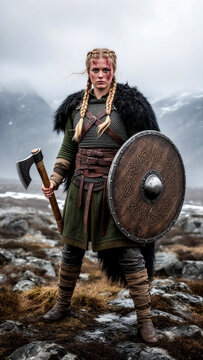 vikinga, guerrera vikinga, mujer vikinga, guerrera n&oacute;rdica, guerrera escandinava, mujer guerrera, guerrera medieval, guerrera con hacha, hacha vikinga, escudo vikingo, escudo redondo, guerrera n&oacute;rdica