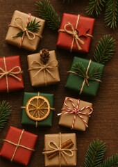 Fototapeta premium Festive gifts with natural elements.