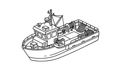 Detailed Fishing Barge Line Art Vector Icon for Marine Transport and Web Apps © MSTMINARA