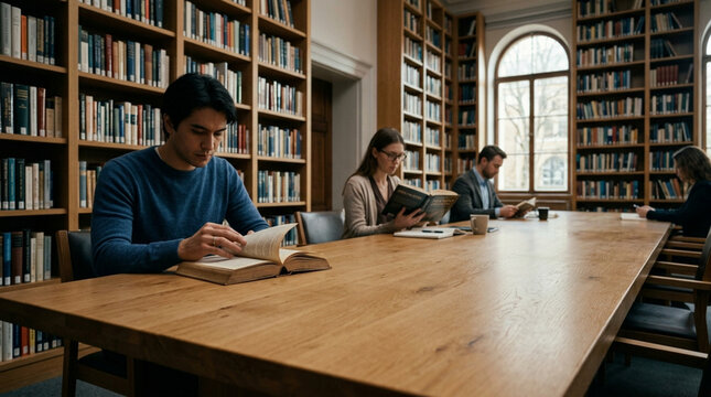 Students studying in a grand library, surrounded by antique bookshelves.