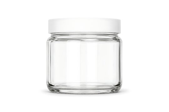 A clear glass jar with a white lid, empty and ready to be filled