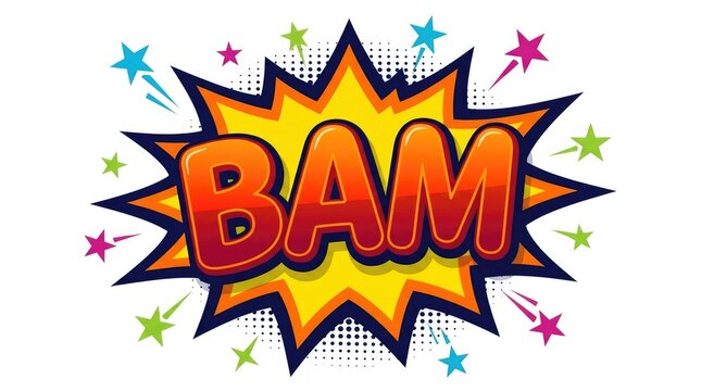 Bam comic book style speech bubble text design with colorful stars and vibrant popping yellow explosion