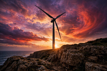 Obraz premium Silhouette of a wind turbine against a vibrant sunset sky over the ocean, dramatic clouds and rocky coast, ideal for renewable energy, environmental awareness and travel marketing