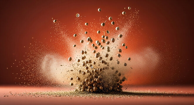 Coriander seeds exploding with powder against an orange backdrop, high speed photography, perfect for food blogs, culinary arts and spice advertising