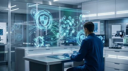 Fototapeta premium Technician monitoring cybersecurity with holographic shield interface