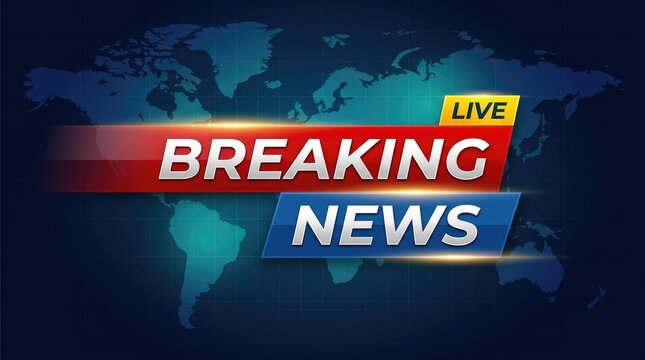 Breaking news broadcast graphic with vibrant red and blue text elements over a global world map