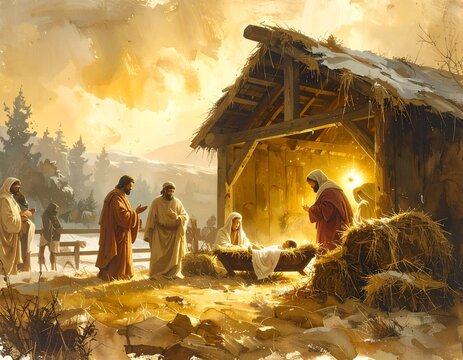 Muted watercolor nativity depicting travelers arriving at the stable.