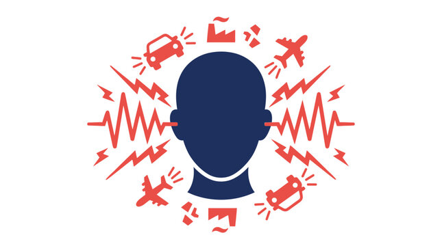 Noise pollution concept with human head surrounded by sound waves and icons