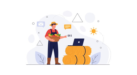 Fototapeta premium Farmer with basket of fresh produce and laptop on hay bales, symbolizing smart agriculture and online business