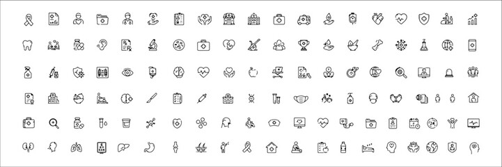 Fototapeta premium 117 Health and Medical Icon Set Minimal Line Icons Collection for Healthcare Wellness Medical Services and Clinical Care