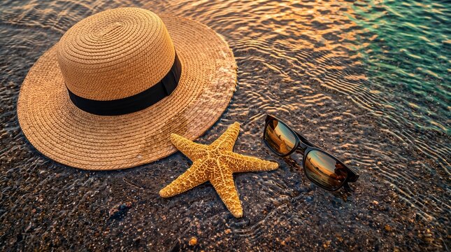 Straw hat starfish and sunglasses on sandy beach.