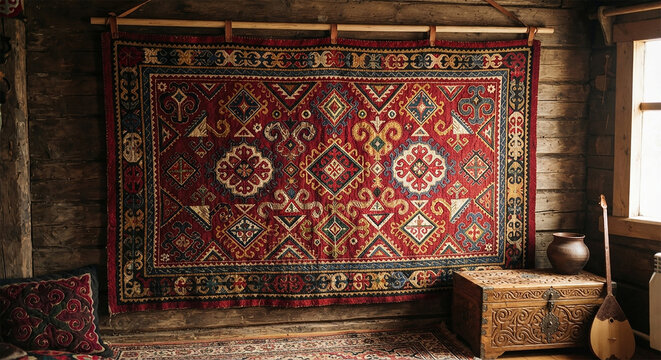 Bashkir national felt tapestry with tribal geometric ornaments. Created using generative AI tools