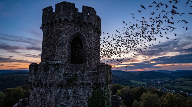 Ancient stone castle tower at dusk with a large flock of bats flying out into the twilight sky
