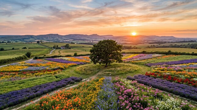 Sunset over vibrant lavender fields and rolling countryside.