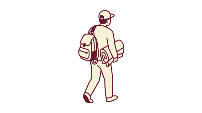 Man with Backpack and Rolled Blanket Walking Isolated