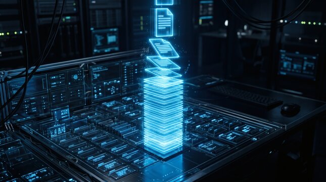Futuristic digital data stack with glowing blue documents and server room background