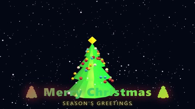 3D low poly decorated Christmas tree with Merry Christmas and Season's Greetings text under falling snow on dark background motion graphic loop