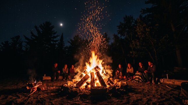 Group of friends gathered around a bright campfire at night under a starry sky with a crescent moon