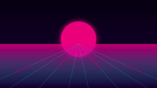 Retro synthwave horizon with glowing neon sun and cyberpunk grid lines for futuristic digital backgrounds animation 4k