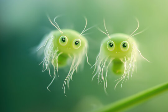 abstract microscopic art, microscopic two round green micro ics with long white hair which have, variation 01, photorealistic
