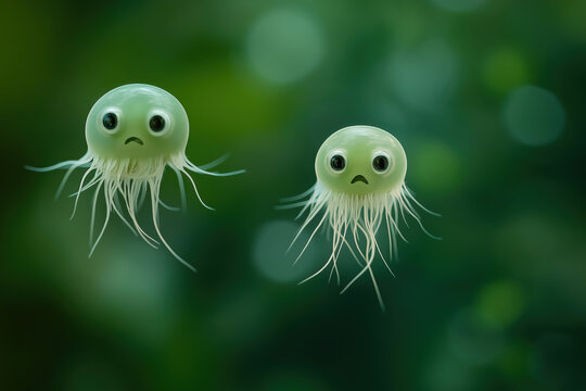 abstract microscopic art, microscopic two round green micro ics with long white hair which have, variation 02, photorealistic
