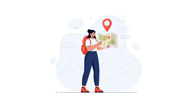 Woman hiker with backpack studying map and pin on location, travel and exploration concept, flat design vector illustration